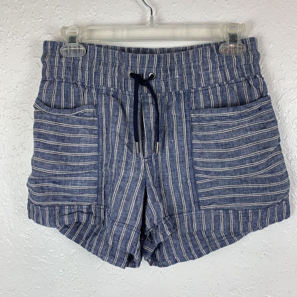 Athleta Womans Linen Tie Waist Shorts Size 0 Blue Striped Pockets